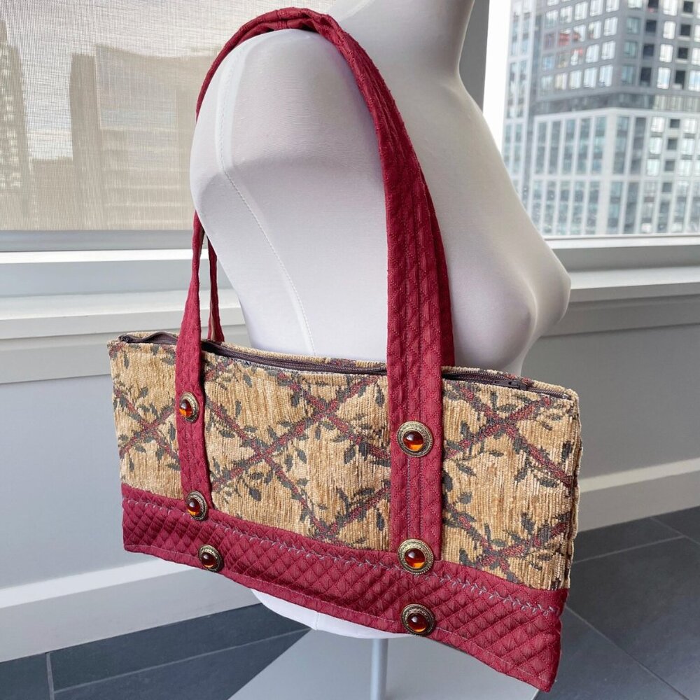 Vintage Quilted Handbag. Retro Red Brown Quilted Bag